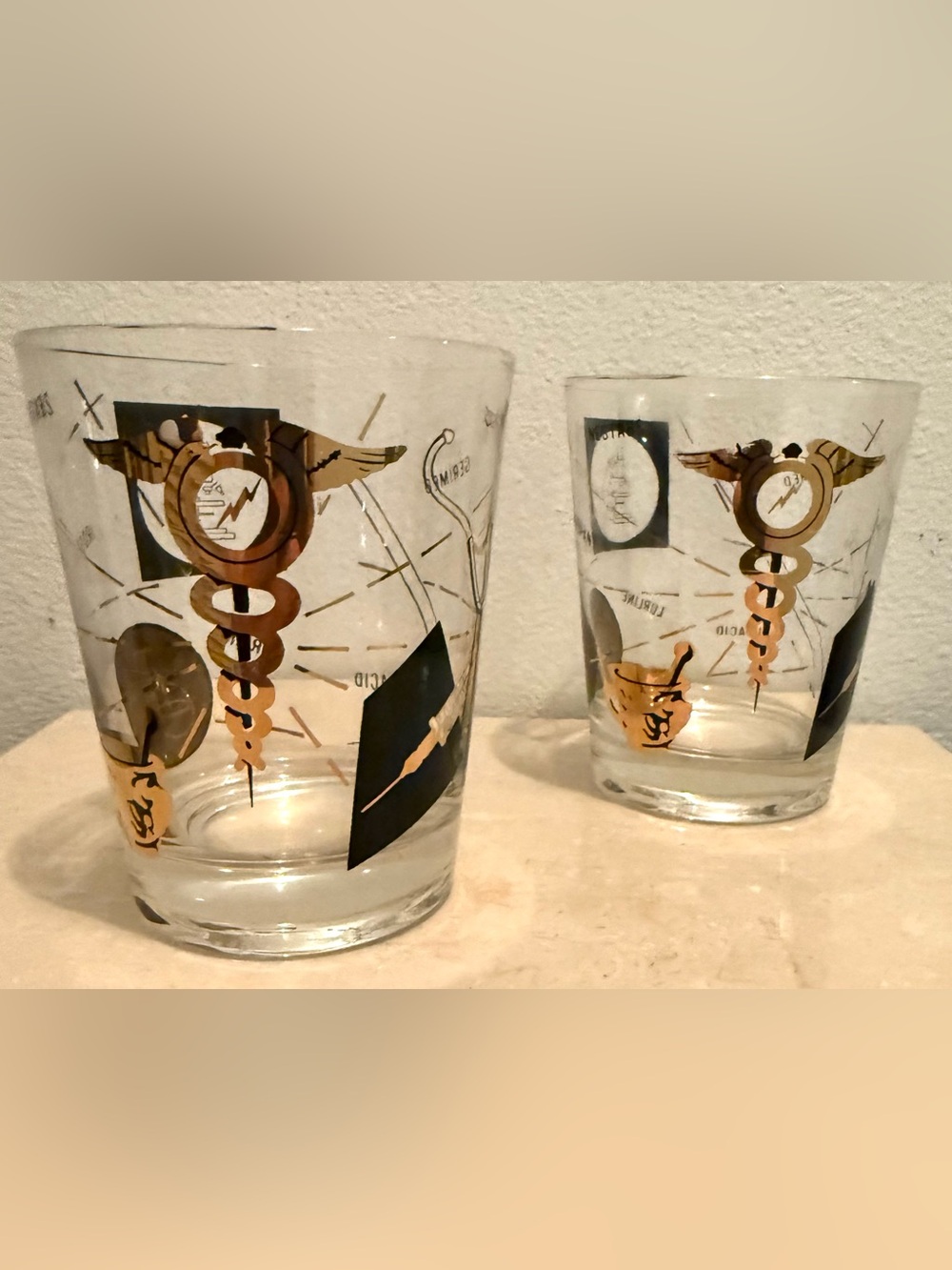 2 MCM Medical/Pharmacist Theme Rocks 16oz Glasses w/22k gold and black.